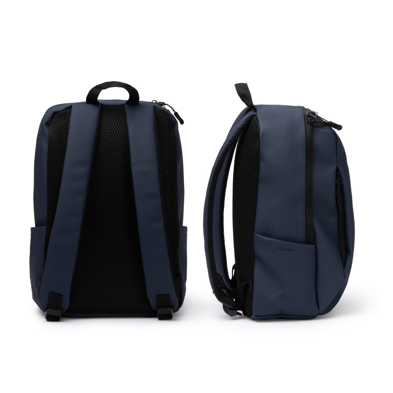 Mochila SIOX Mochilas de color azul oscuro, vistas desde atrás y lateral, con correas y compartimentos.